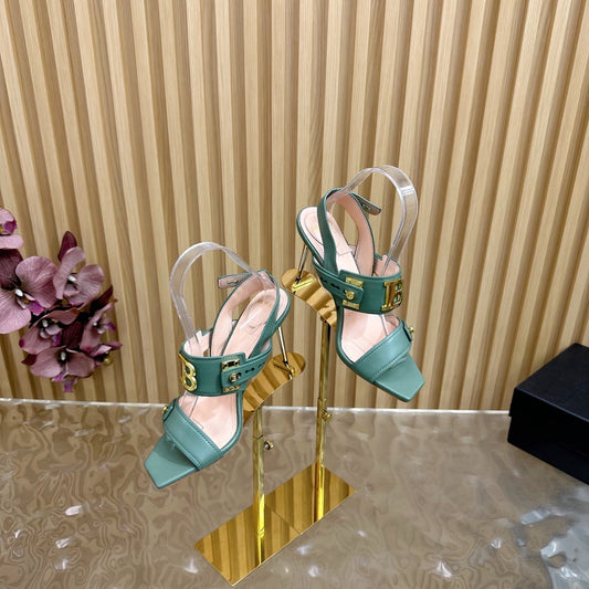 BALMAIN 25S RHINESTONE STILETTO SANDALS 95MM IN DUSTY GREEN CALFSKIN - 35