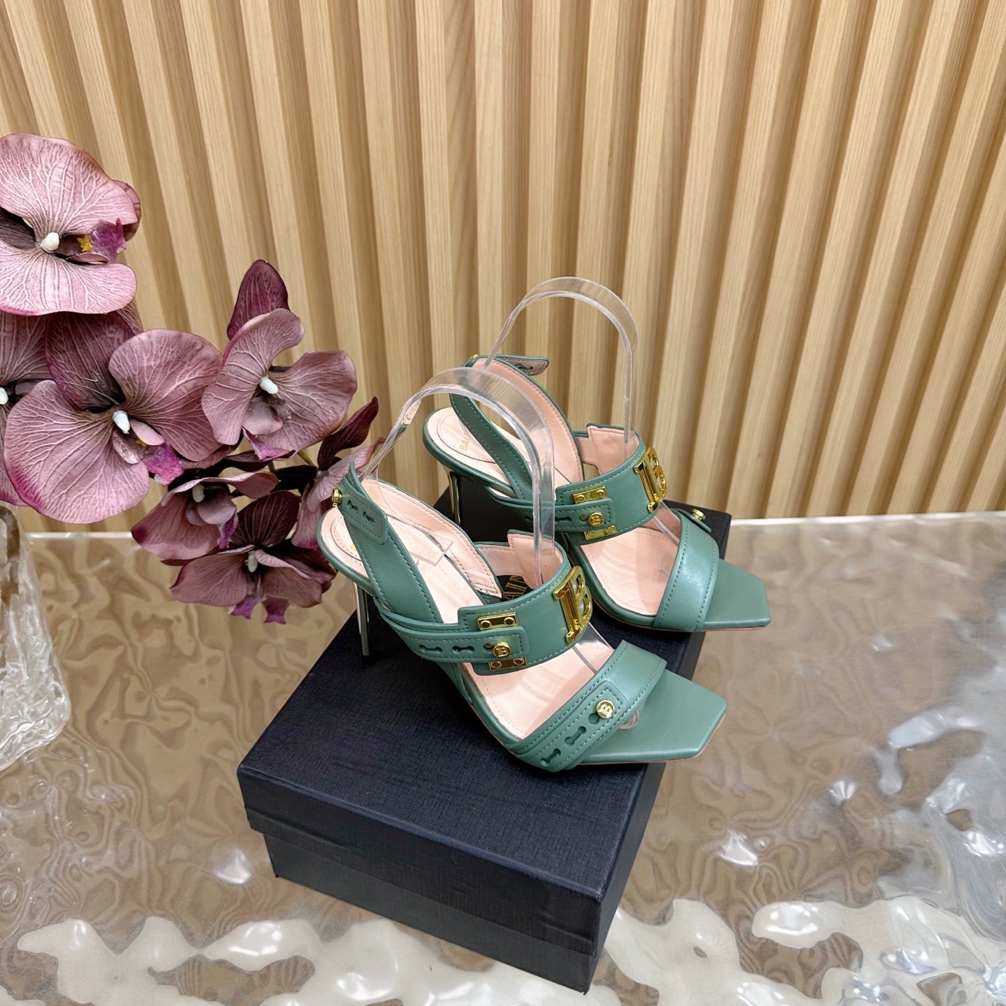 BALMAIN 25S RHINESTONE STILETTO SANDALS 95MM IN DUSTY GREEN CALFSKIN - 35