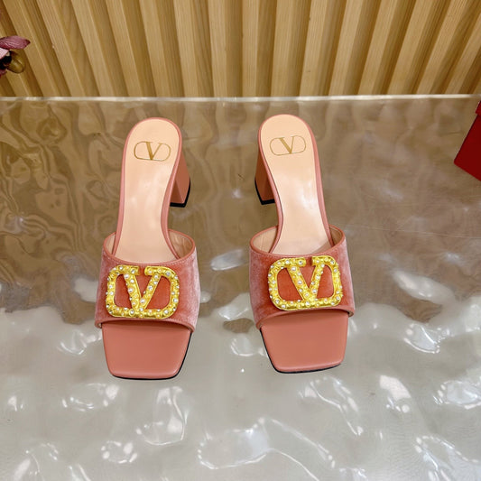 VALENTINO МЮЛІ НА ВИСОКИХ ПІДБОРАХ 25S 60 ММ З ВЕЛЮРУ ТА ТЕЛЯЧОЇ ШКІРИ ПЕРСИКОВО-РОЖЕВОГО КОЛЬОРУ ІЗ ЗОЛОТОЮ ФУРНІТУРОЮ - 35