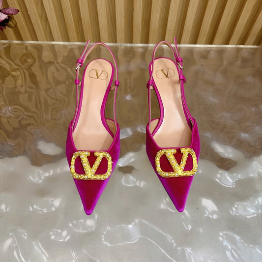 Високі туфлі-слінгбеки VALENTINO 25S на підборах із темно-рожевого оксамиту із золотистою фурнітурою - 35 / 4 см
