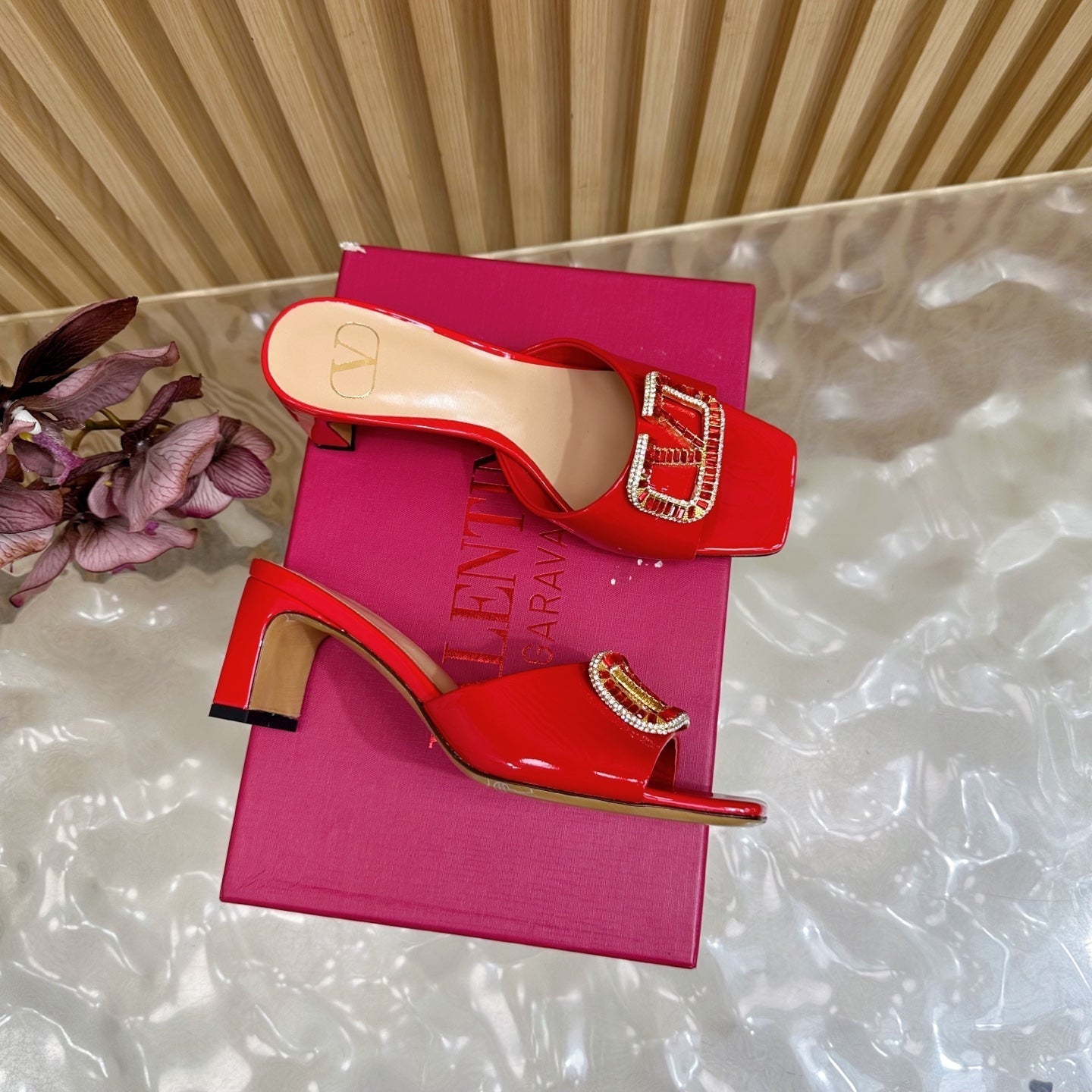VALENTINO 25S HIGH-HEEL MULES 60 MM IN RED PATENT CALFSKIN WITH CRYSTAL-EMBELLISHED STRAP - 35