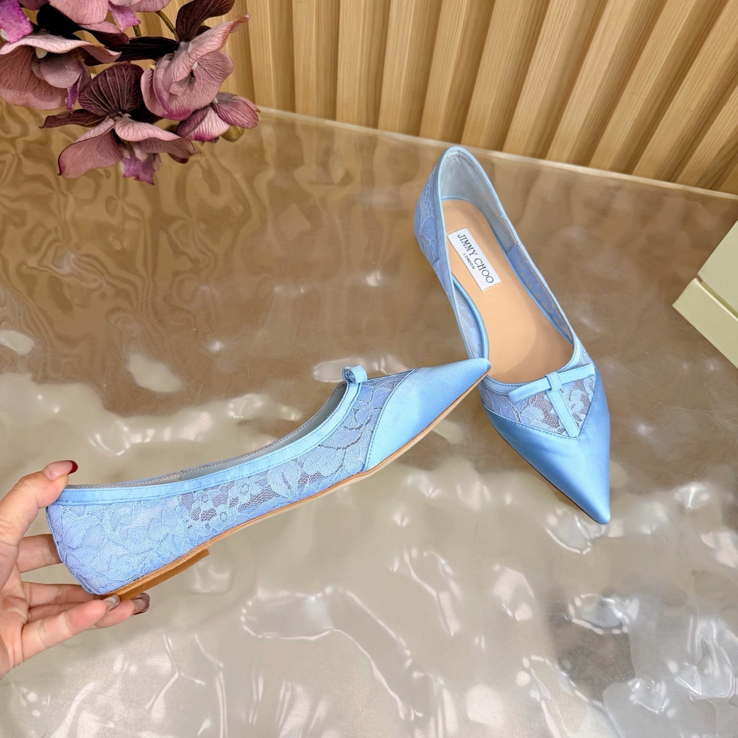БАЛЕТКИ JIMMY CHOO 26S З БЛАКИТНОГО МЕРЕЖИВА ТА АТЛАСУ