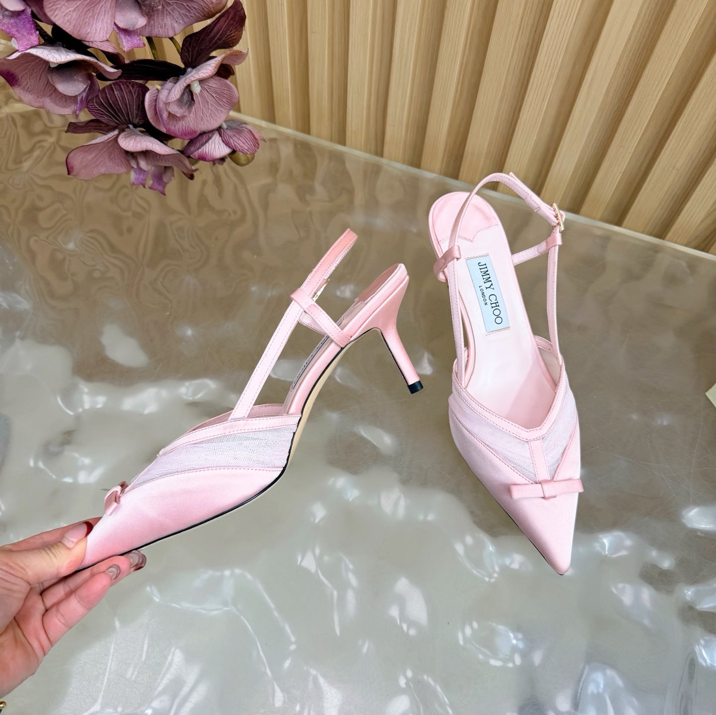 БОСОНІЖКИ JIMMY CHOO 26S СЛІНГБЕК 65 ММ ЗІ СІТКИ ТА АТЛАСУ СВІТЛО-РОЖЕВОГО КОЛЬОРУ