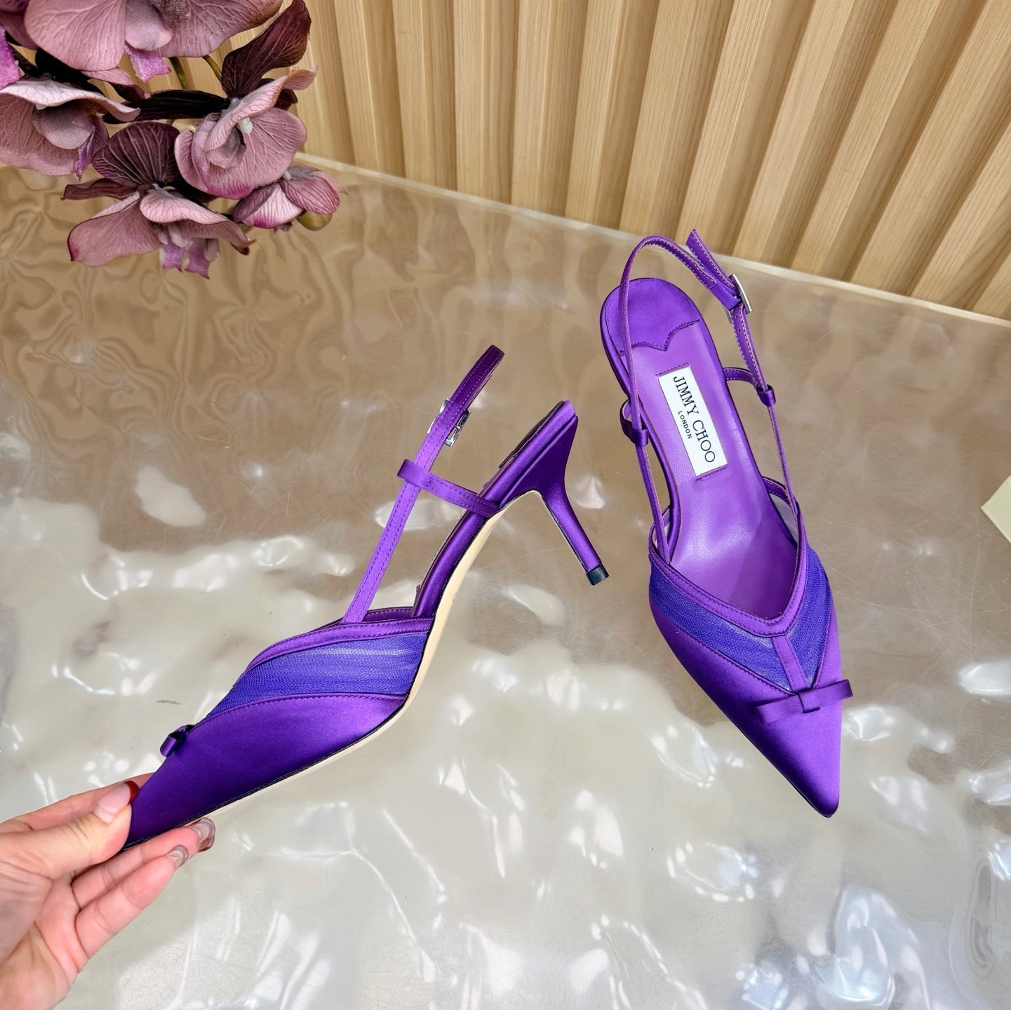 БОСОНІЖКИ JIMMY CHOO 26S СЛІНГБЕК 65 ММ З ТЕМНО-ФІОЛЕТОВОЇ СІТКИ ТА АТЛАСУ