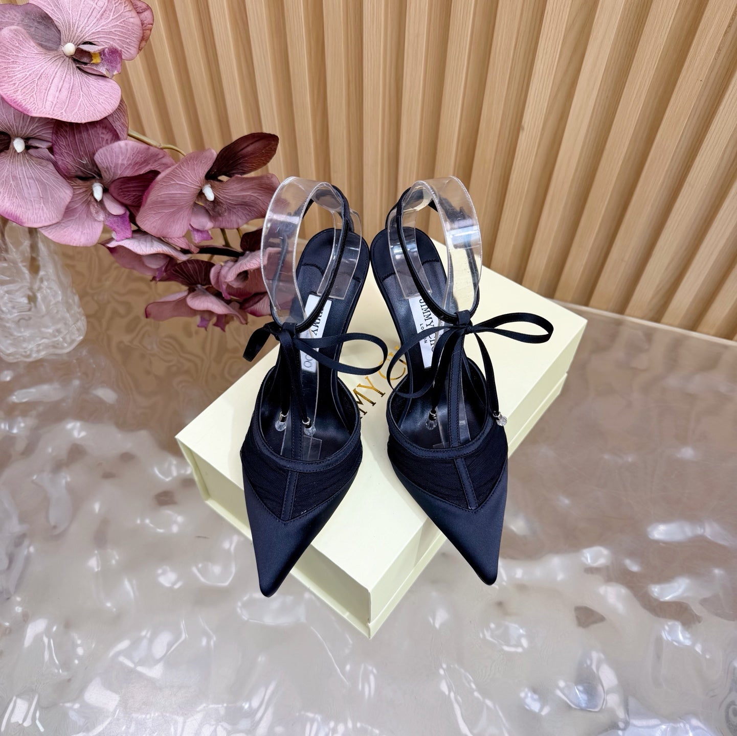 JIMMY CHOO 26S ТУФЛІ НА ШПИЛЬЦІ 105 ММ ІЗ ЧОРНОЇ СІТКИ ТА АТЛАСУ
