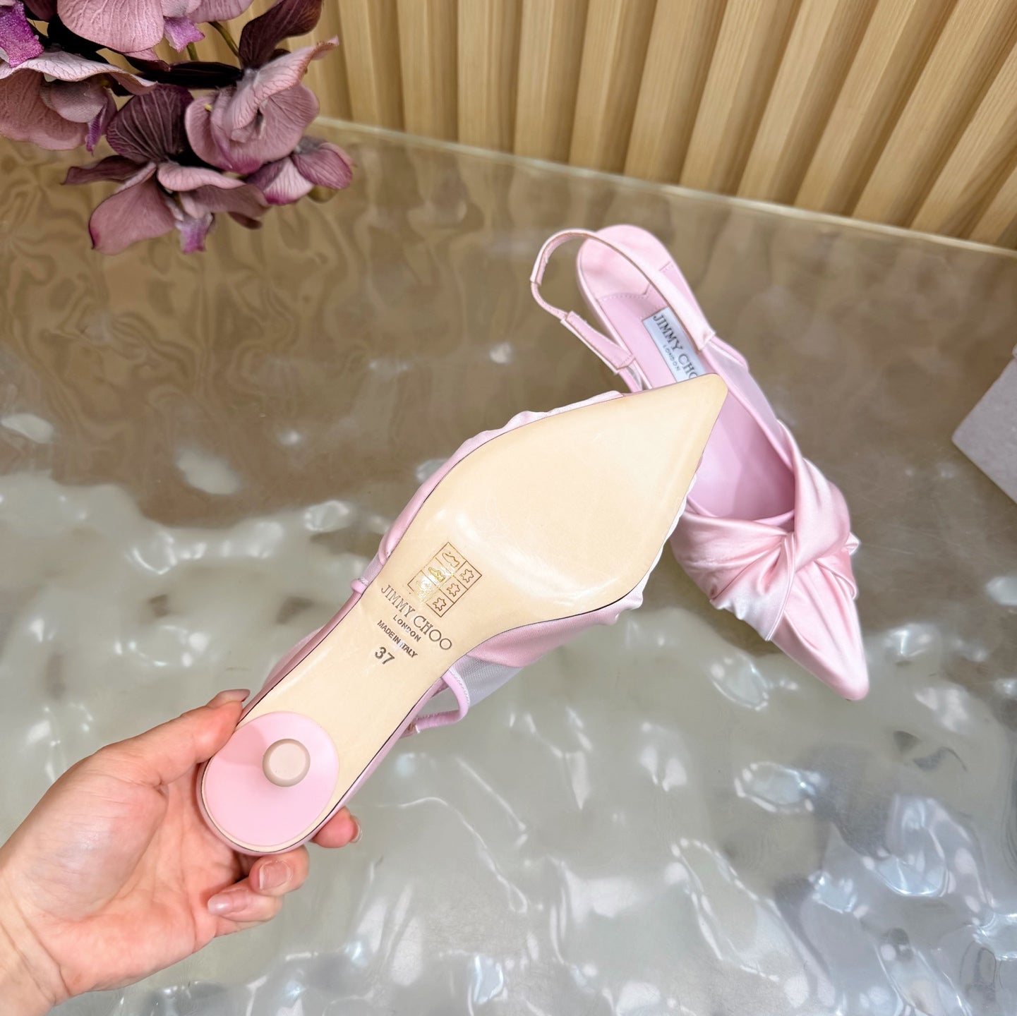 БОСОНІЖКИ JIMMY CHOO 26S СЛІНГБЕК НА ПІДБОРАХ 60 ММ ЗІ СВІТЛО-РОЖЕВОГО АТЛАСУ З ВУЗЛОМ