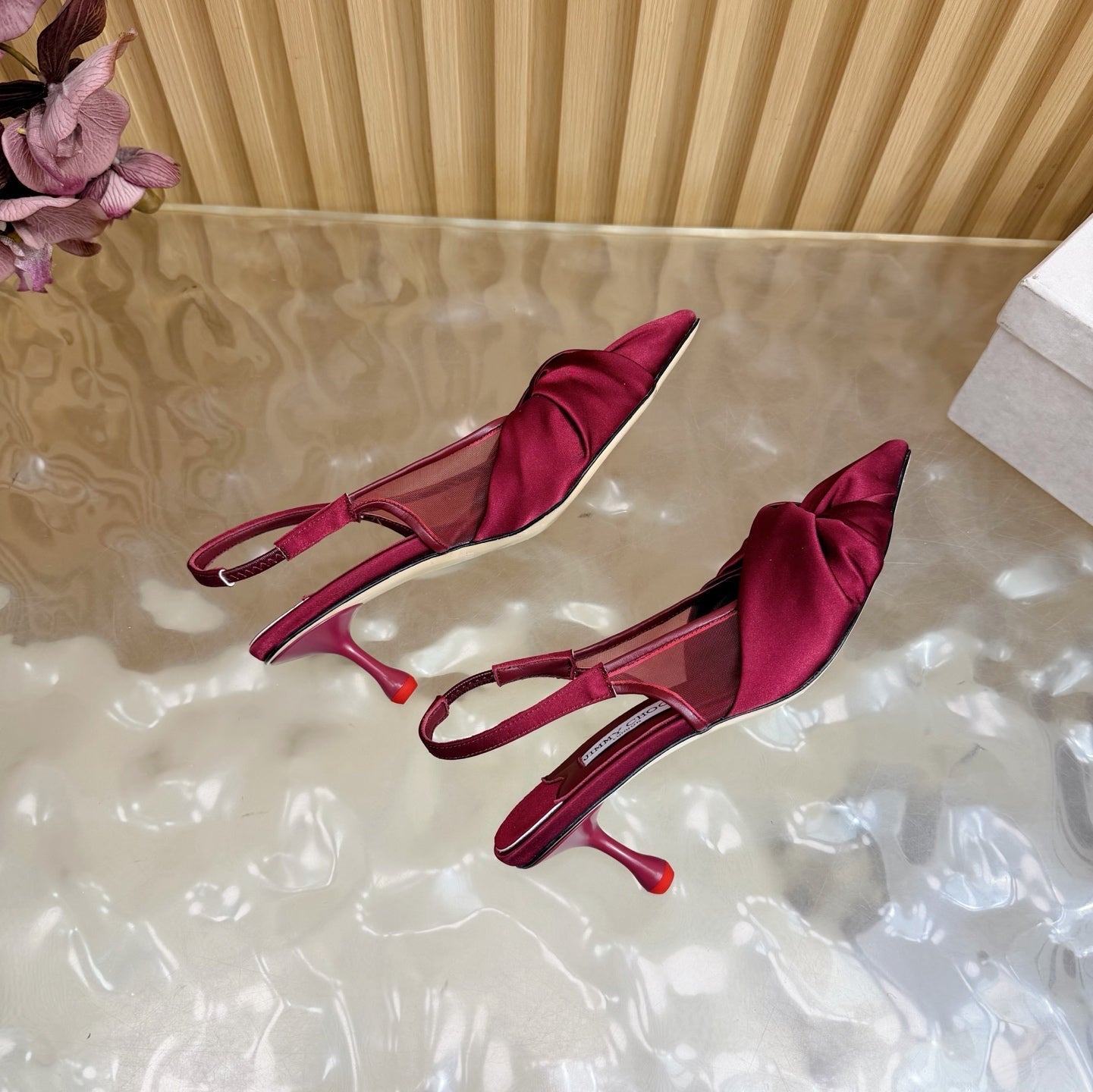 БОСОНІЖКИ JIMMY CHOO 26S СЛІНГБЕК 60 ММ ІЗ ТЕМНО-ЧЕРВОНОГО АТЛАСУ З ВУЗЛИКОМ
