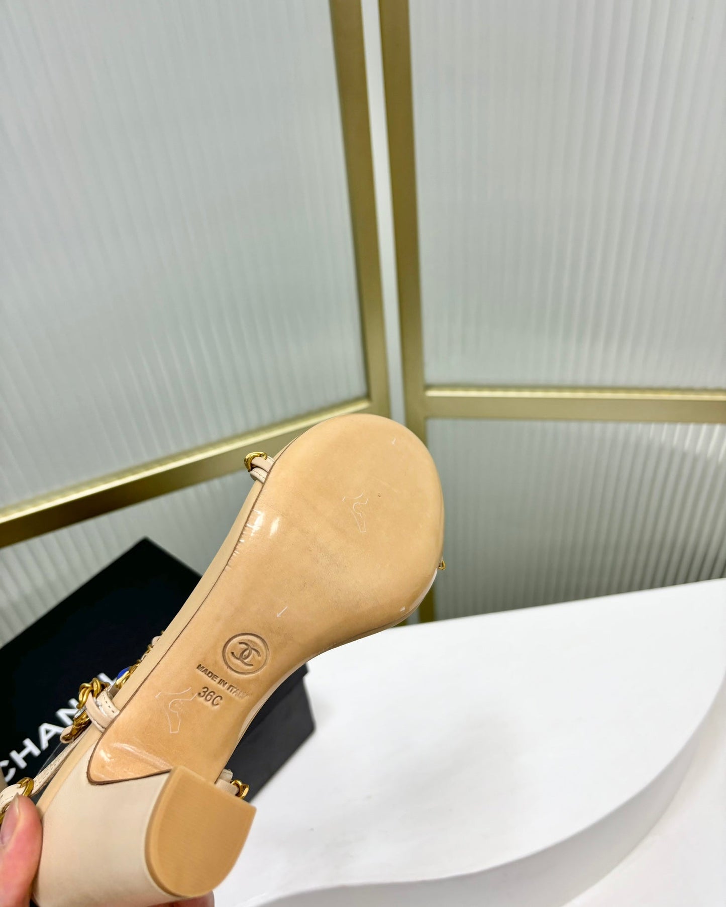 HIGH HEELS PEARL CHAIN IN BEIGE CREAM COWHIDE - 35