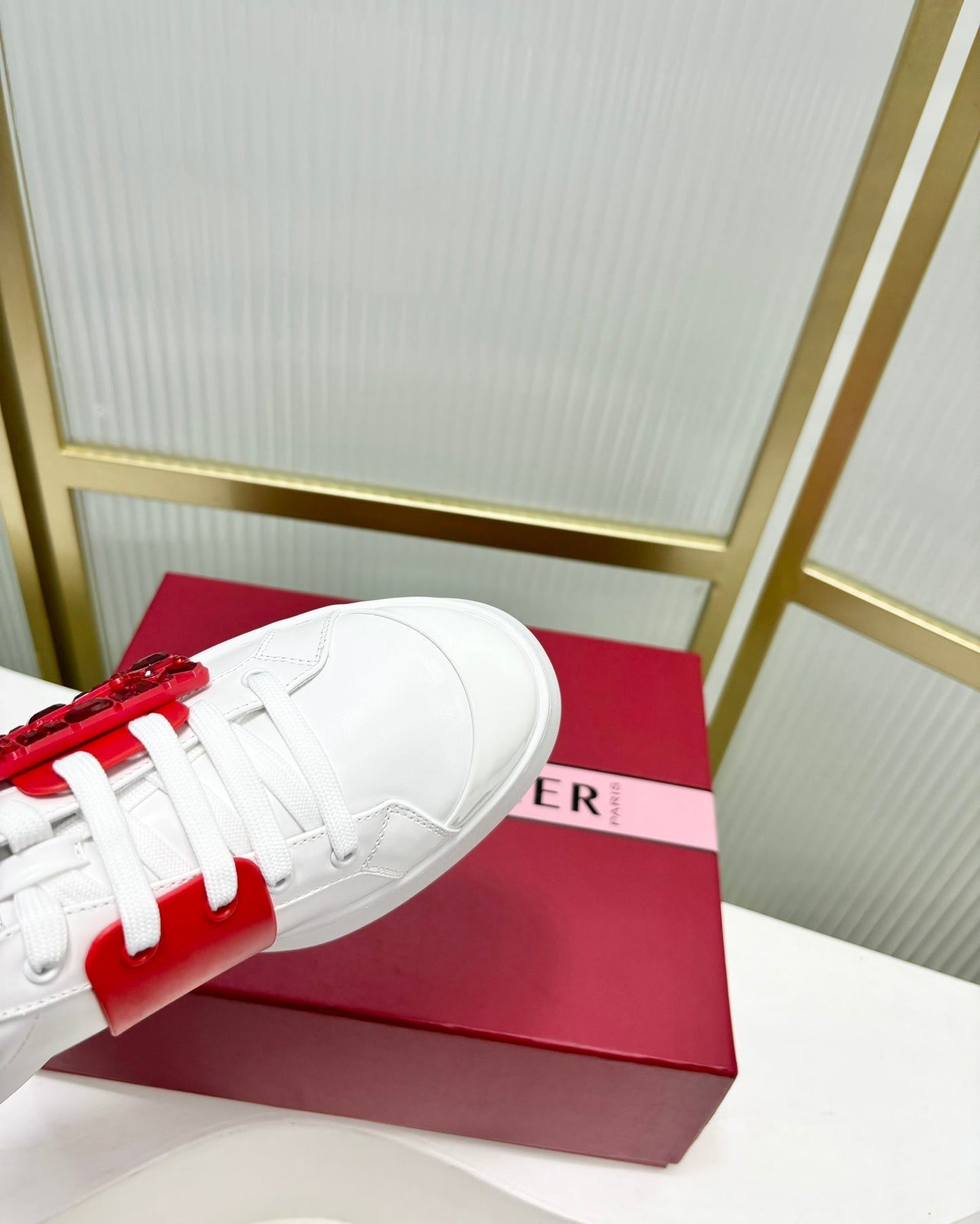 VIV' SKATE SNEAKERS IN WHITE CALFSKIN RED GLITTER STRAP AND CRYSTAL BUCKLE - 35