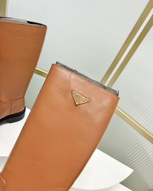 KNEE BOOTS WITH TRIANGLE LOGO IN CAMEL CALFSKIN - 35