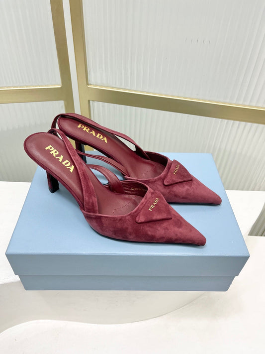 БОСОНІЖКИ PRADA 26S НА ВИСОКИХ ПІДБОРАХ 75 ММ З ТЕМНО-ЧЕРВОНОЇ ЗАМШІ З ЛОГОТИПОМ