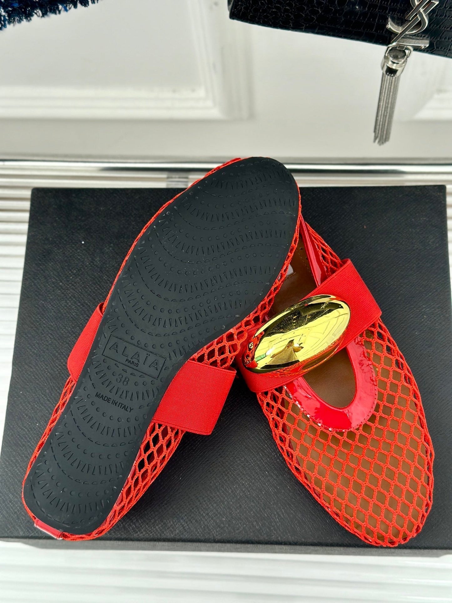 ALAIA MARY JANE SHOES IN CHERRY RED MESH WITH GOLD HARDWARE - 35