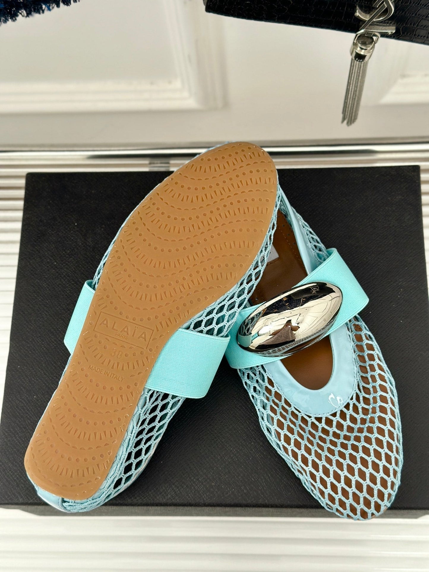 ALAIA MARY JANE SHOES IN SKY BLUE MESH WITH SILVER HARDWARE - 35