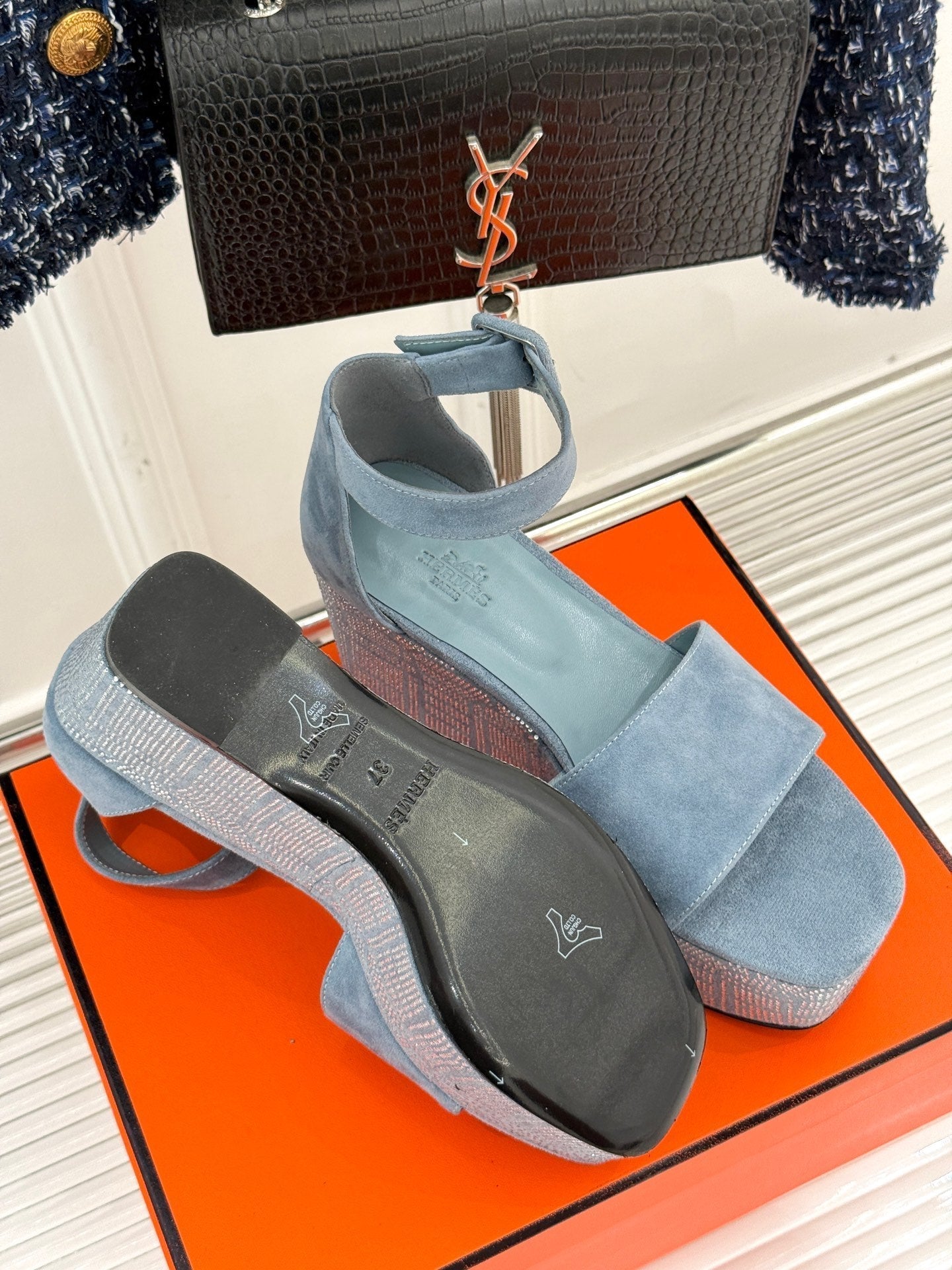 ILLUSION 35 SANDAL IN LIGHT BLUE SUEDE WITH RHINESTONE DETAILS - 35