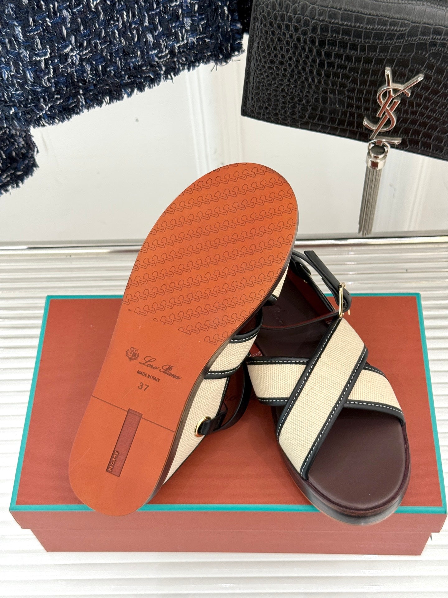 SANDALS THICK SOLE CROSS STRAP IN BEIGE FABRIC AND BROWN CALFSKIN - 35