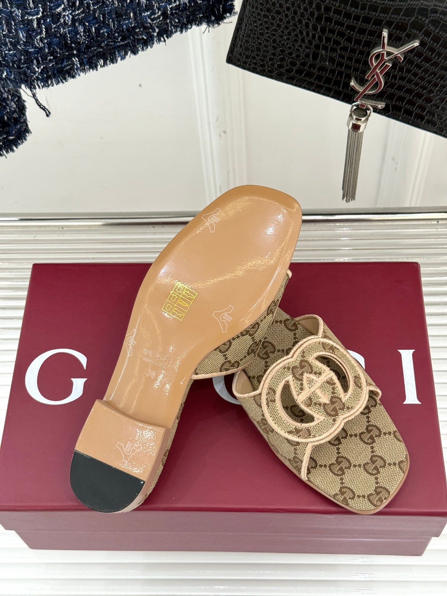 SLIDE SANDALS IN DARK BEIGE FABRIC EMBOSSED LOGO STYLE 3 - 35