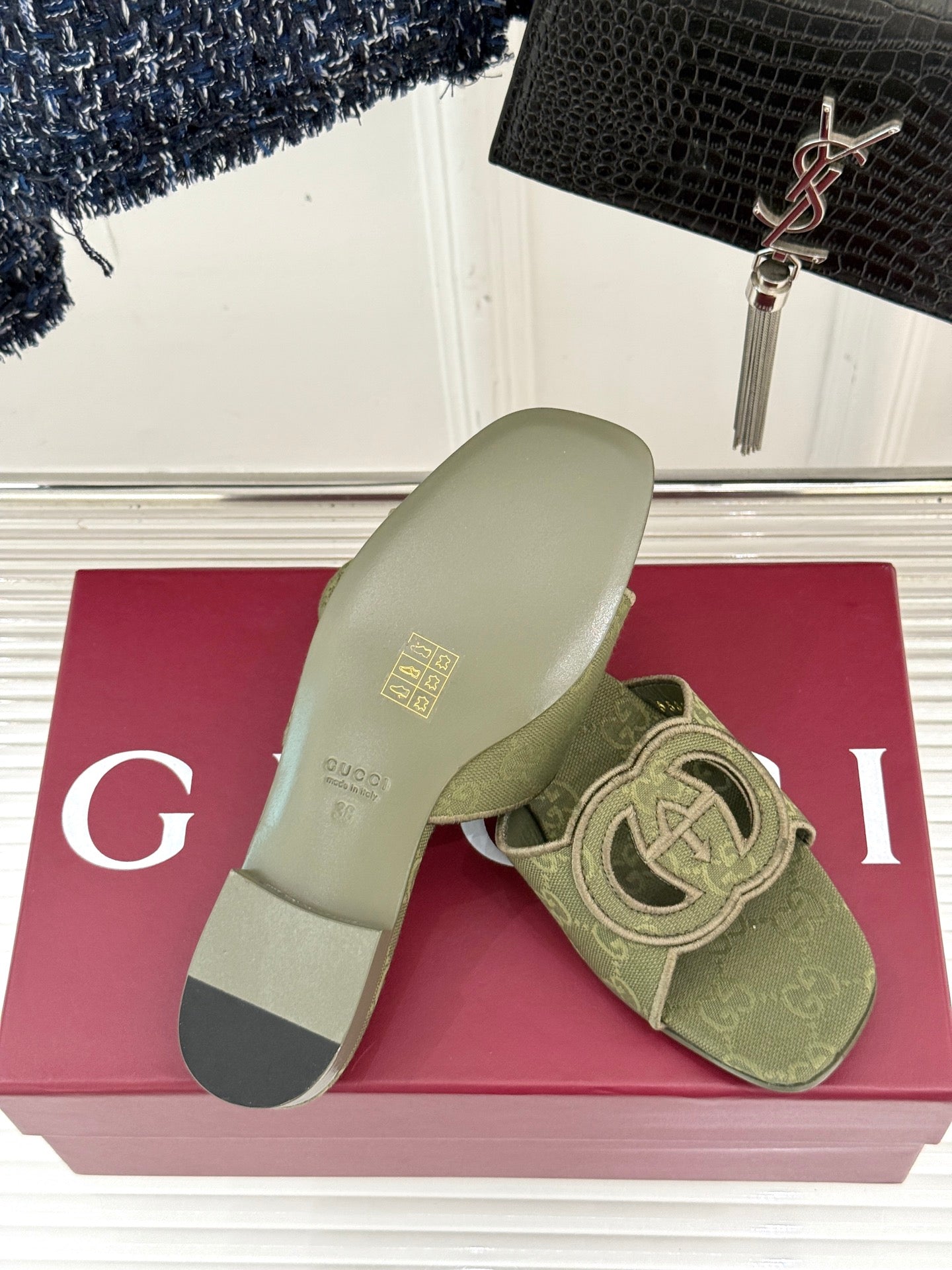 SLIDE SANDALS IN MOSS GREEN FABRIC EMBOSSED LOGO STYLE 2 - 35