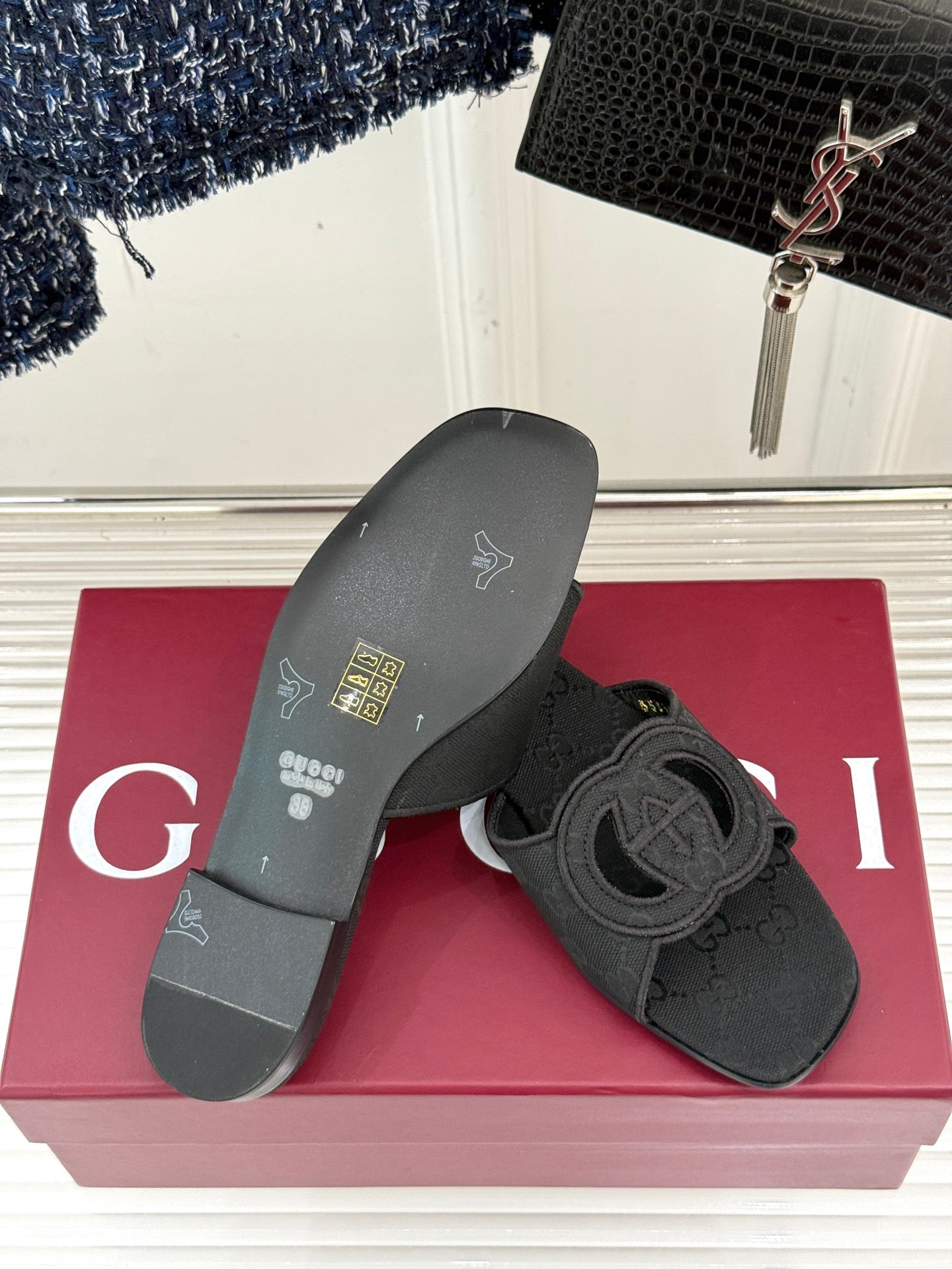 SLIDE SANDALS IN BLACK FABRIC EMBOSSED LOGO STYLE 1 - 35