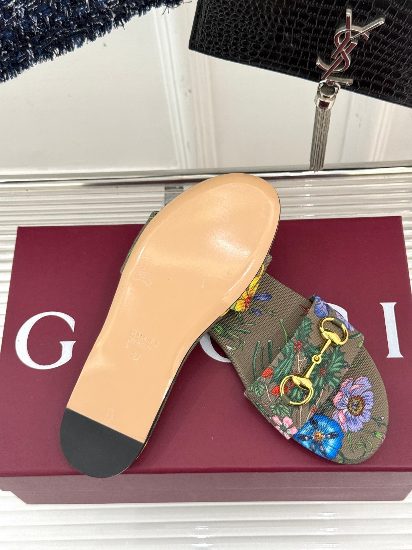SLIDE SANDALS IN WARM BEIGE FABRIC FLORAL AND LEAF PRINT - 35
