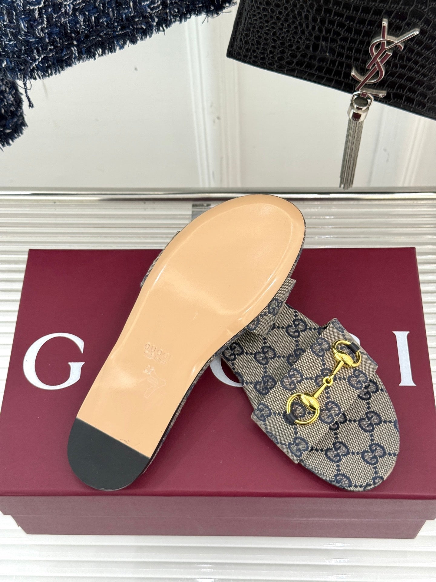 SLIDE SANDALS IN WARM BEIGE FABRIC EMBOSSED LOGO - 35
