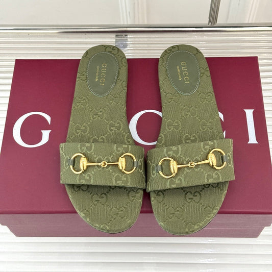 SLIDE SANDALS IN MOSS GREEN FABRIC EMBOSSED LOGO - 35
