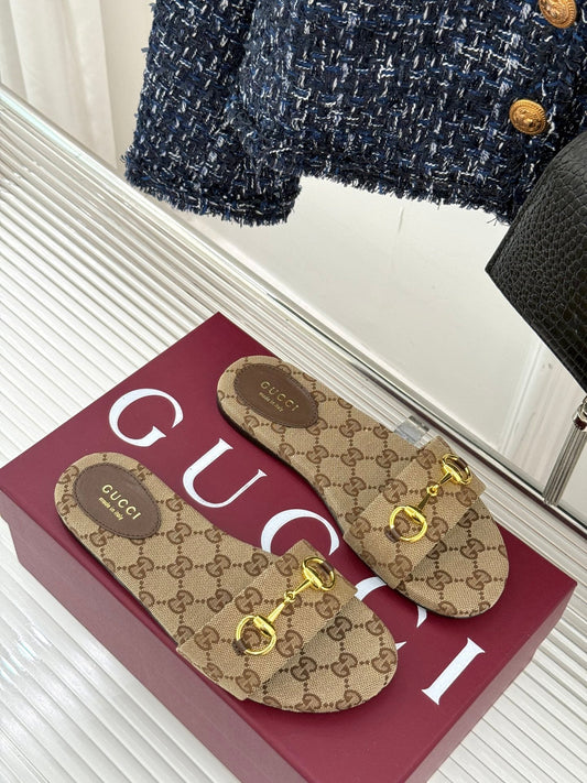 SLIDE SANDALS IN DARK BEIGE FABRIC EMBOSSED LOGO - 35