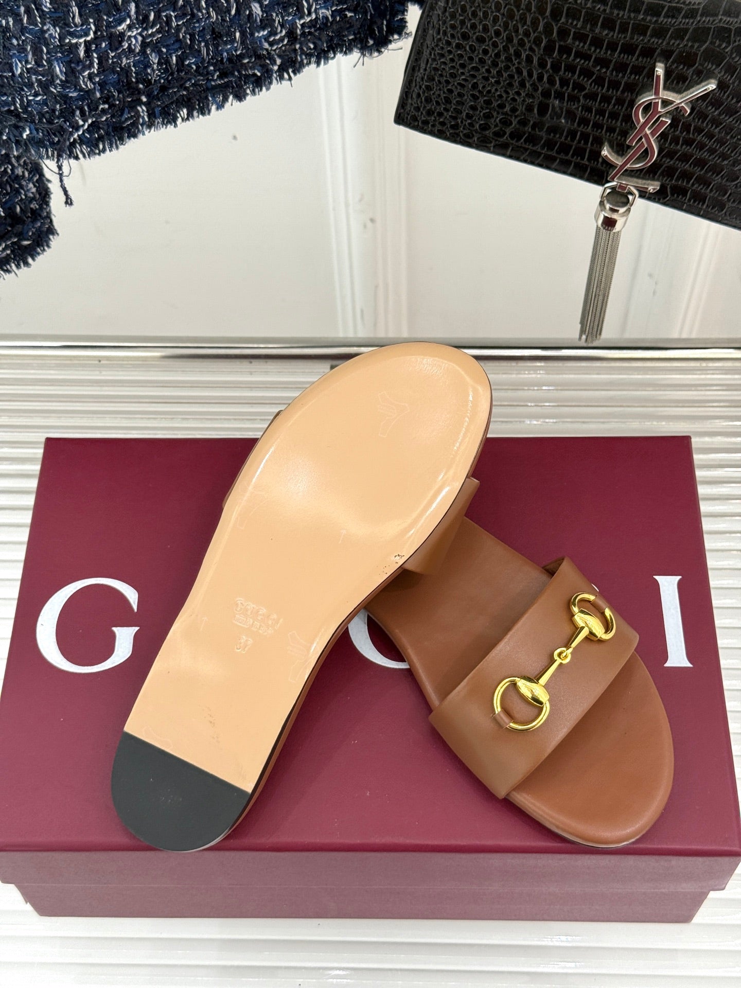 SLIDE SANDALS IN BROWN CALFSKIN WITH GOLD HARDWARE - 35