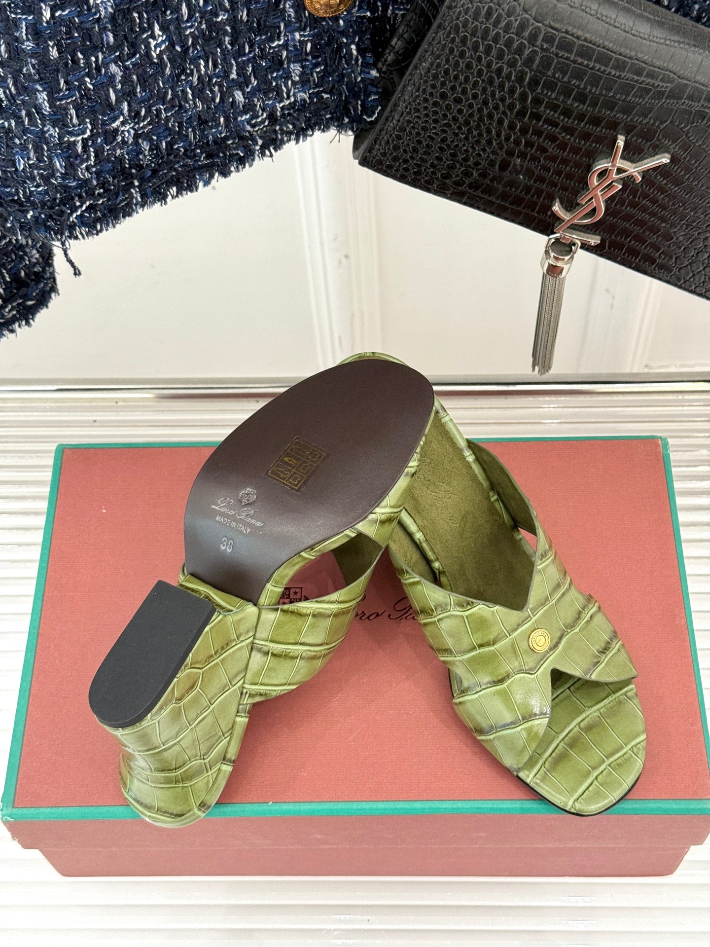 LP HIGH HEEL 25S IN MOSS GREEN LAMBSKIN SNAKE EMBOSSING - 35