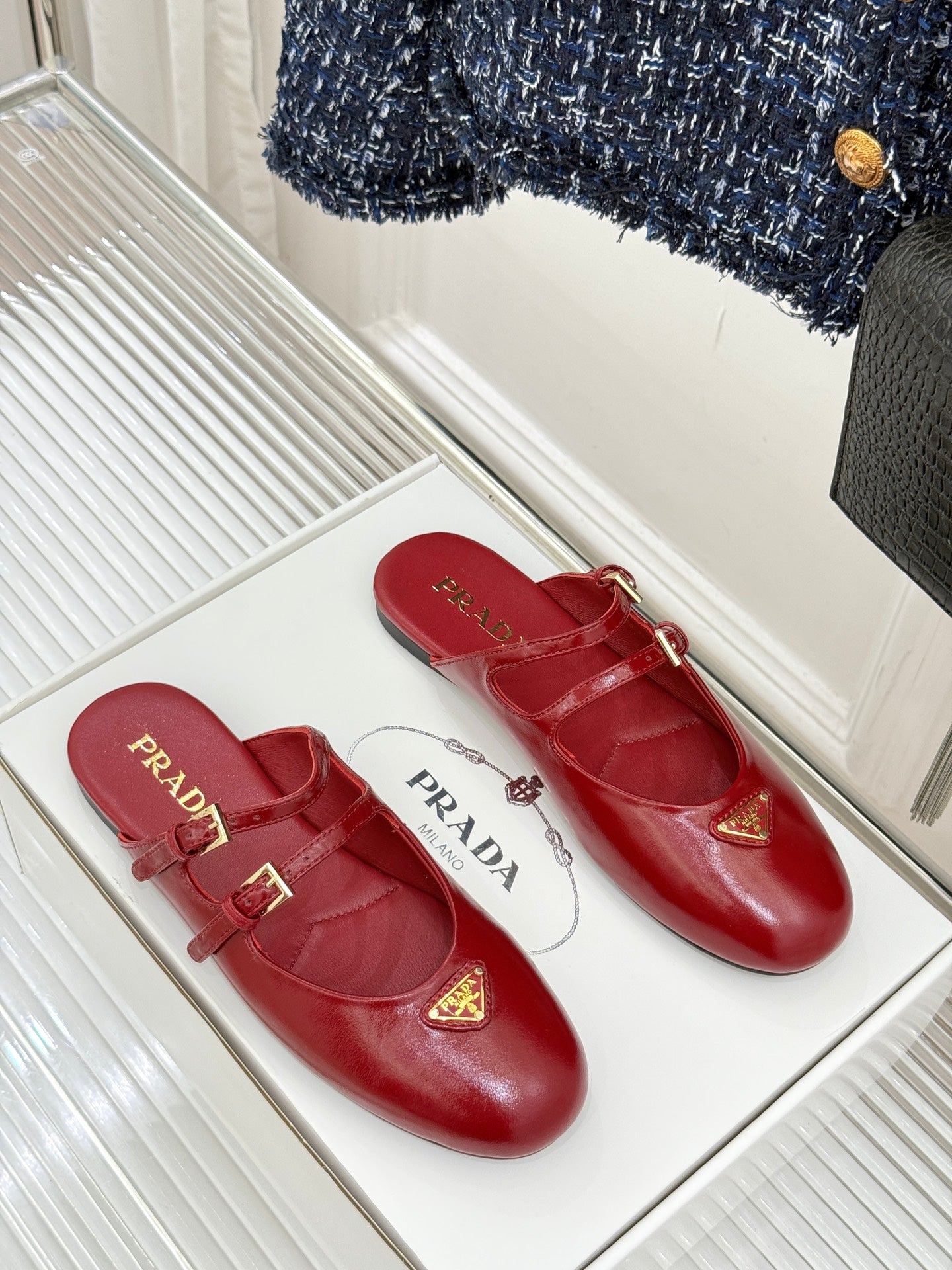 PRADA 25S DUAL MARY JANE BALLERINA MULES IN RED WINE CALFSKIN - 34
