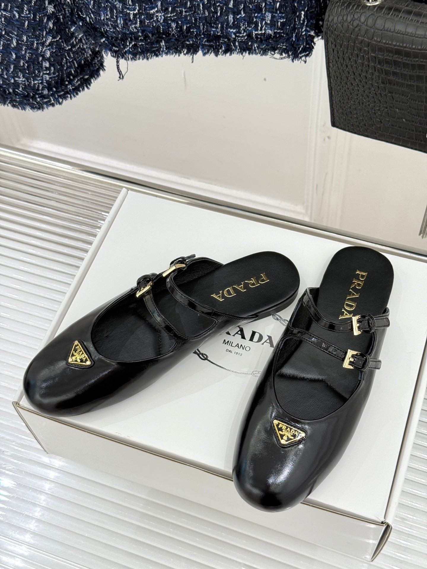 PRADA 25S DUAL MARY JANE BALLERINA MULES IN BLACK CALFSKIN - 34