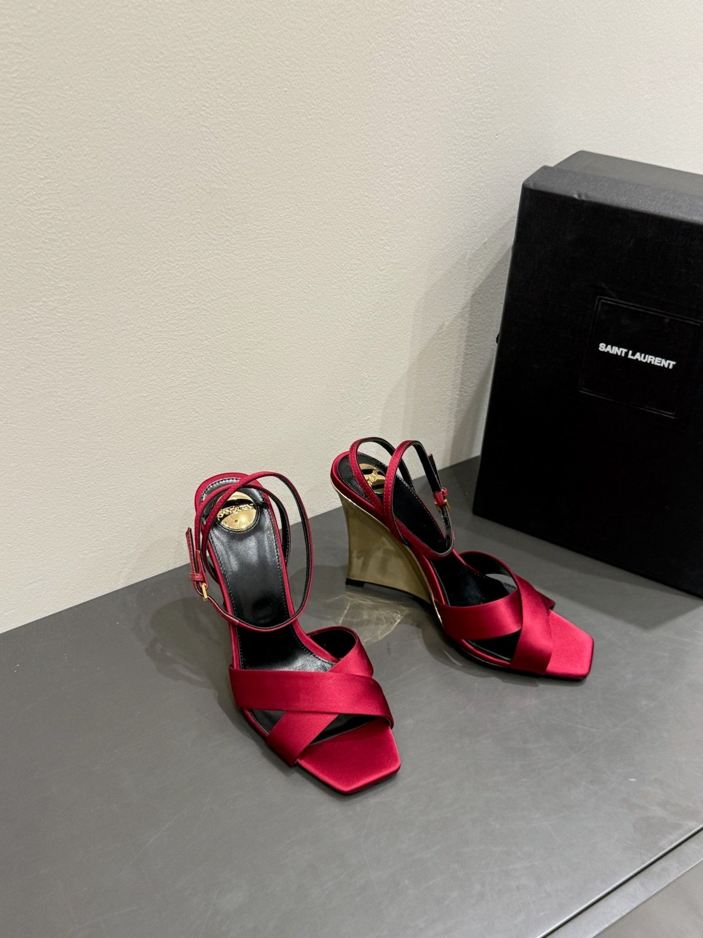 YSL STRAPPY WEDGE SANDALS 25S IN DARK RED SATIN - 35