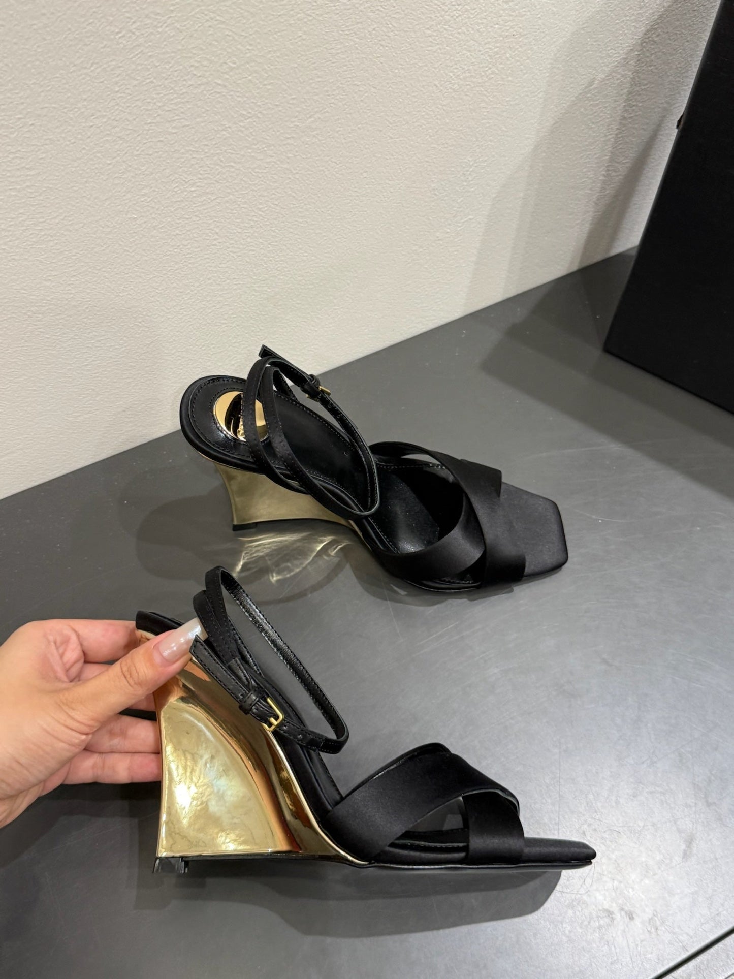 YSL STRAPPY WEDGE SANDALS 25S IN BLACK SATIN - 35