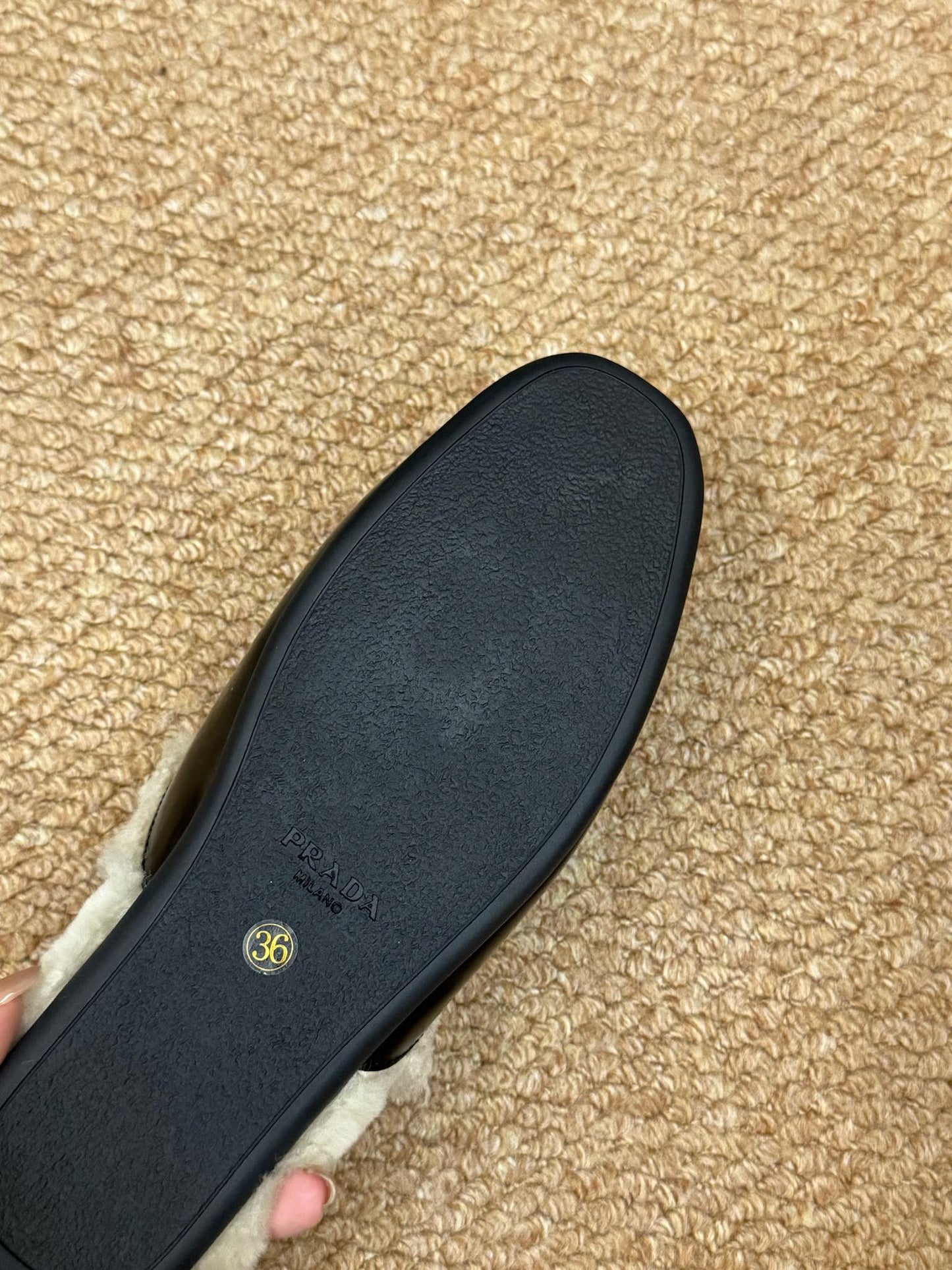 PRADA 26S SHEARLING MULE SLIPPERS IN BLACK CALFSKIN