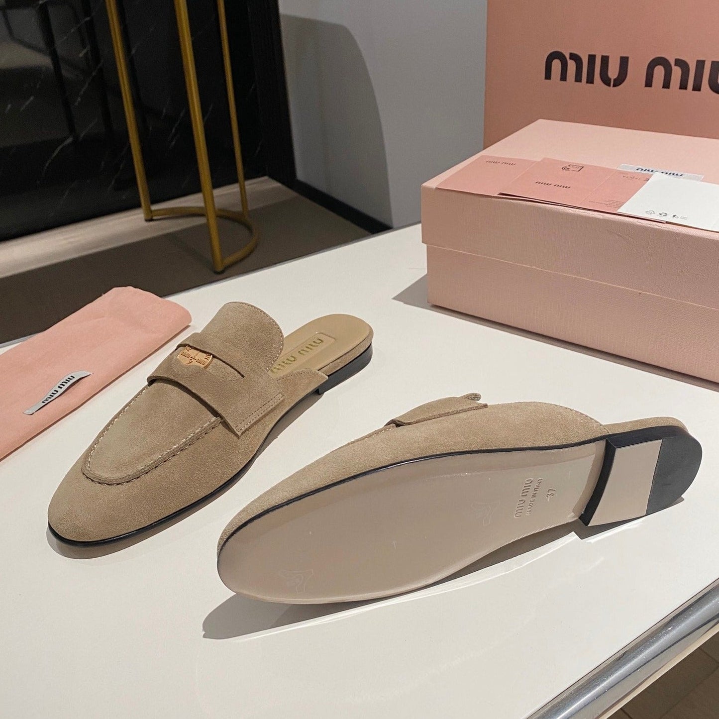 MULES SLIPPERS KHAKI COLOR SUEDE WITH GOLD COIN - 34
