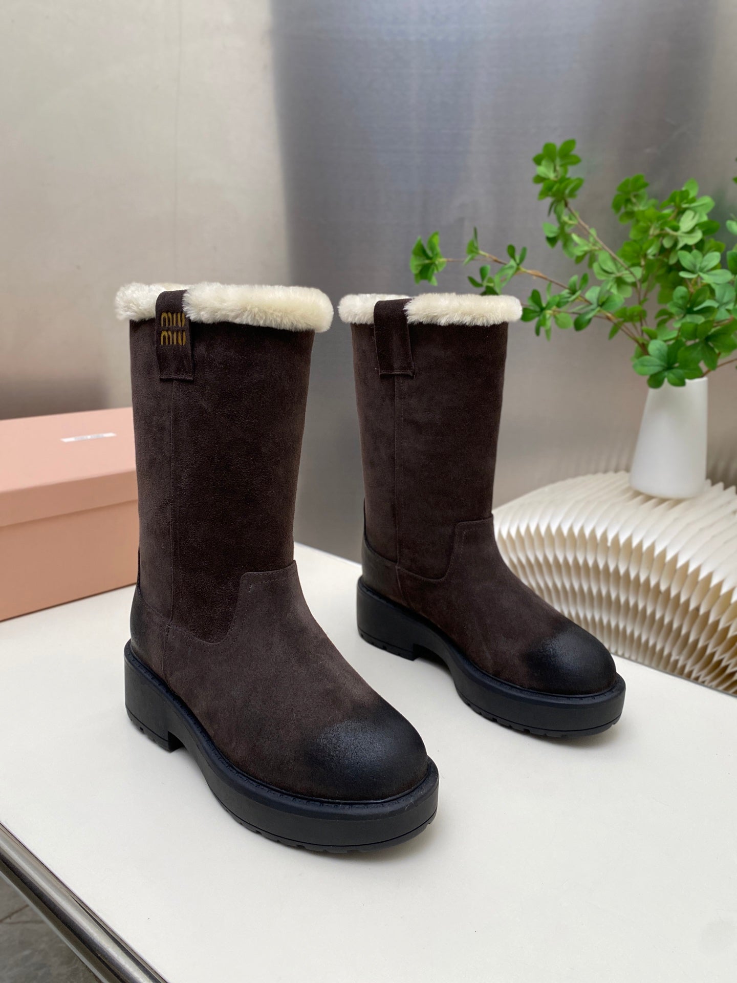 MIUMIU 26S MID CALF BOOT IN DARK BROWN SUEDE AND SHEARLING