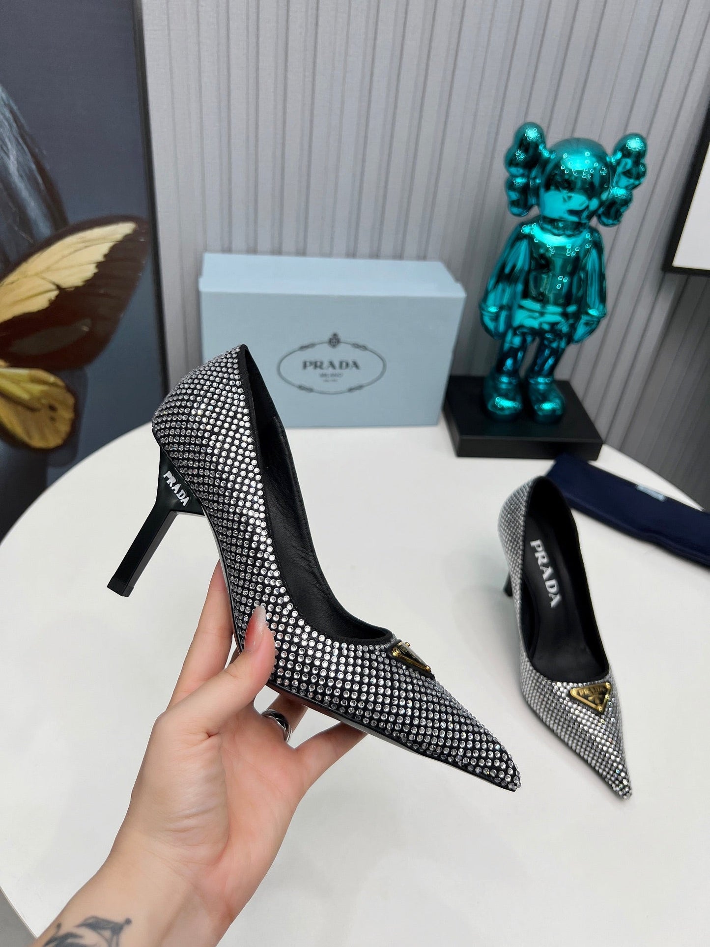 TRIANGLE LOGO HIGH-HEEL PUMPS IN BLACK SATIN WITH WHITE CRYSTALS - 34