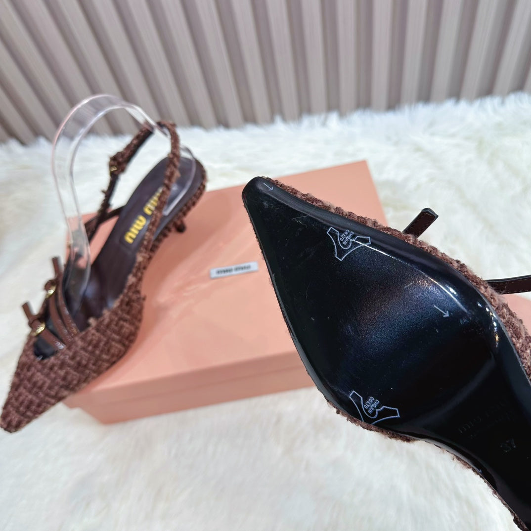 CROSS STRAP HIGH HEELED SLINGBACK IN CHOCOLATE TWEED - 34