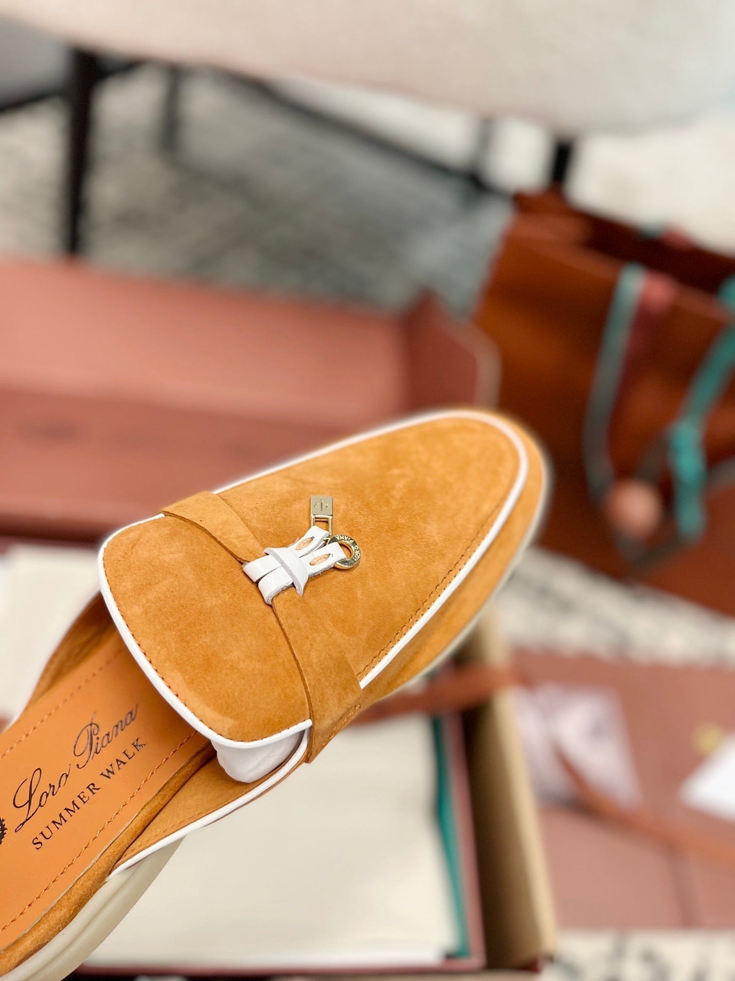 Loro Piana Salmon White Suede Charms Walk Flat Mules - 35