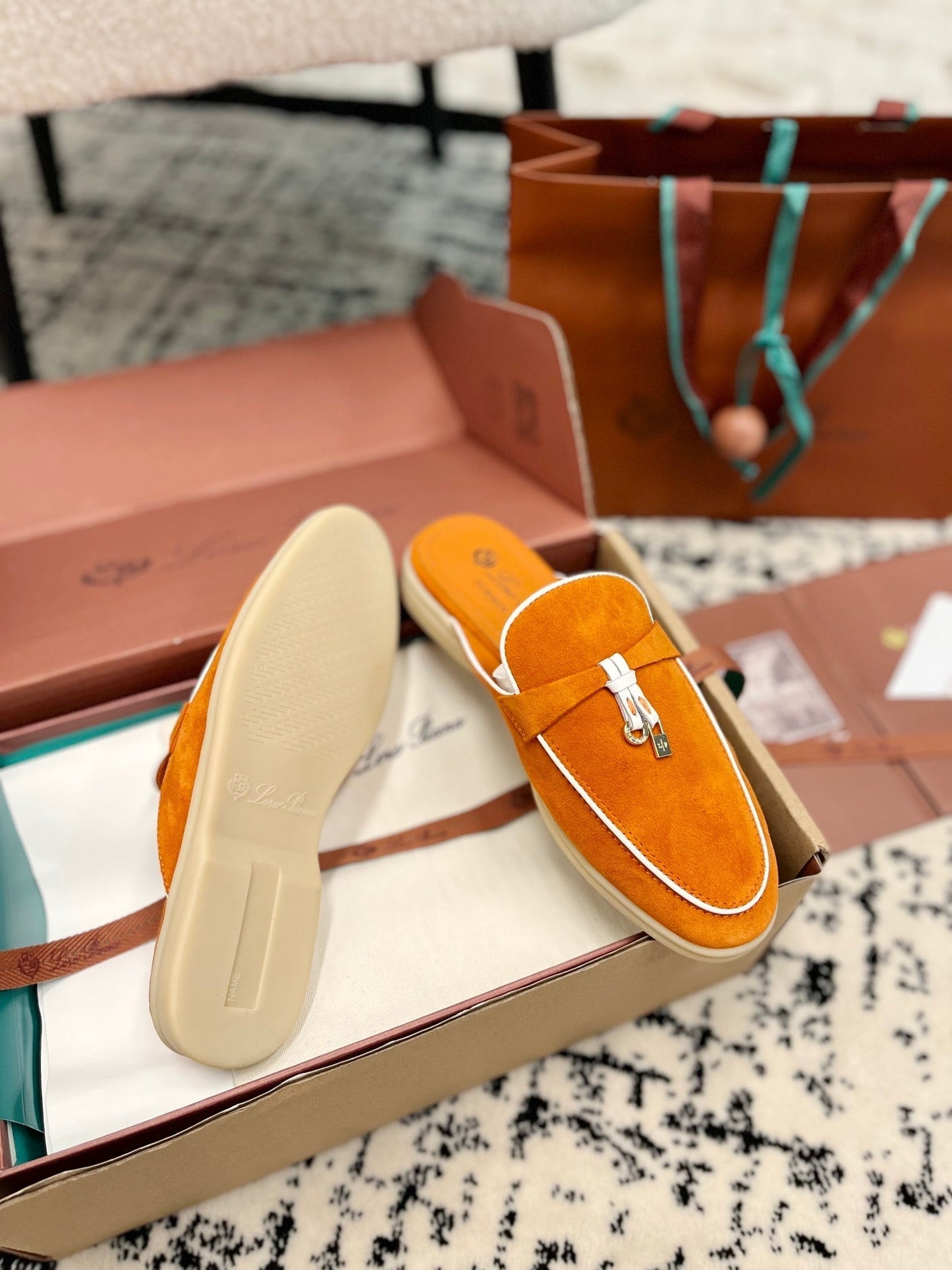 Loro Piana Carrot White Suede Charms Walk Flat Mules - 35