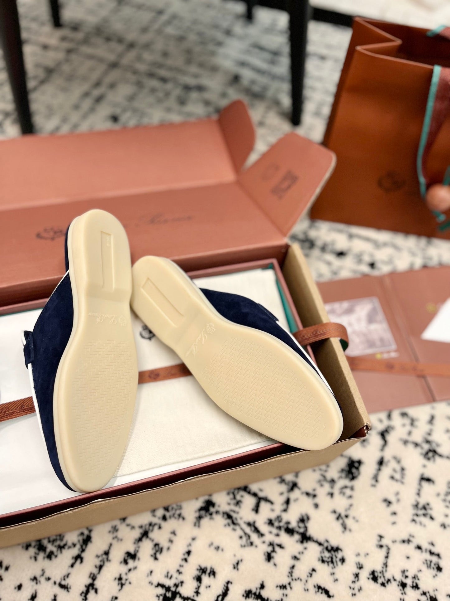 Loro Piana Navy White Suede Charms Walk Flat Mules - 35
