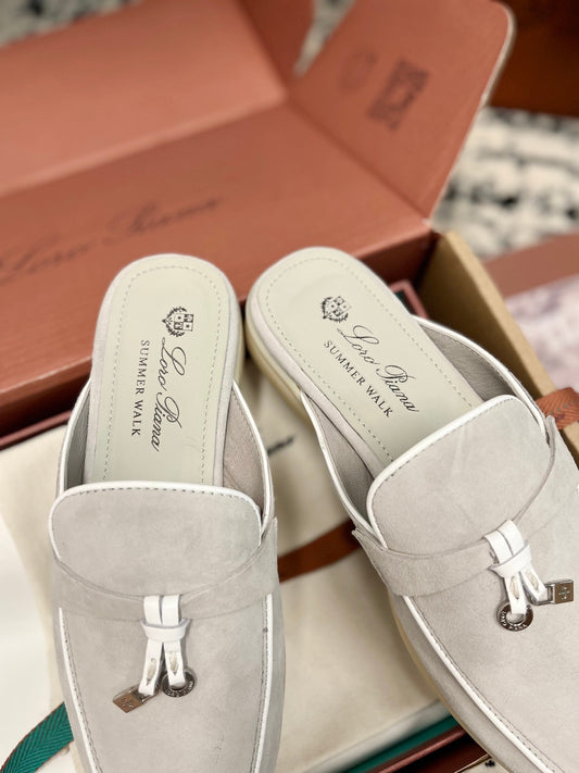 Loro Piana Grey White Suede Charms Walk Flat Mules - 35