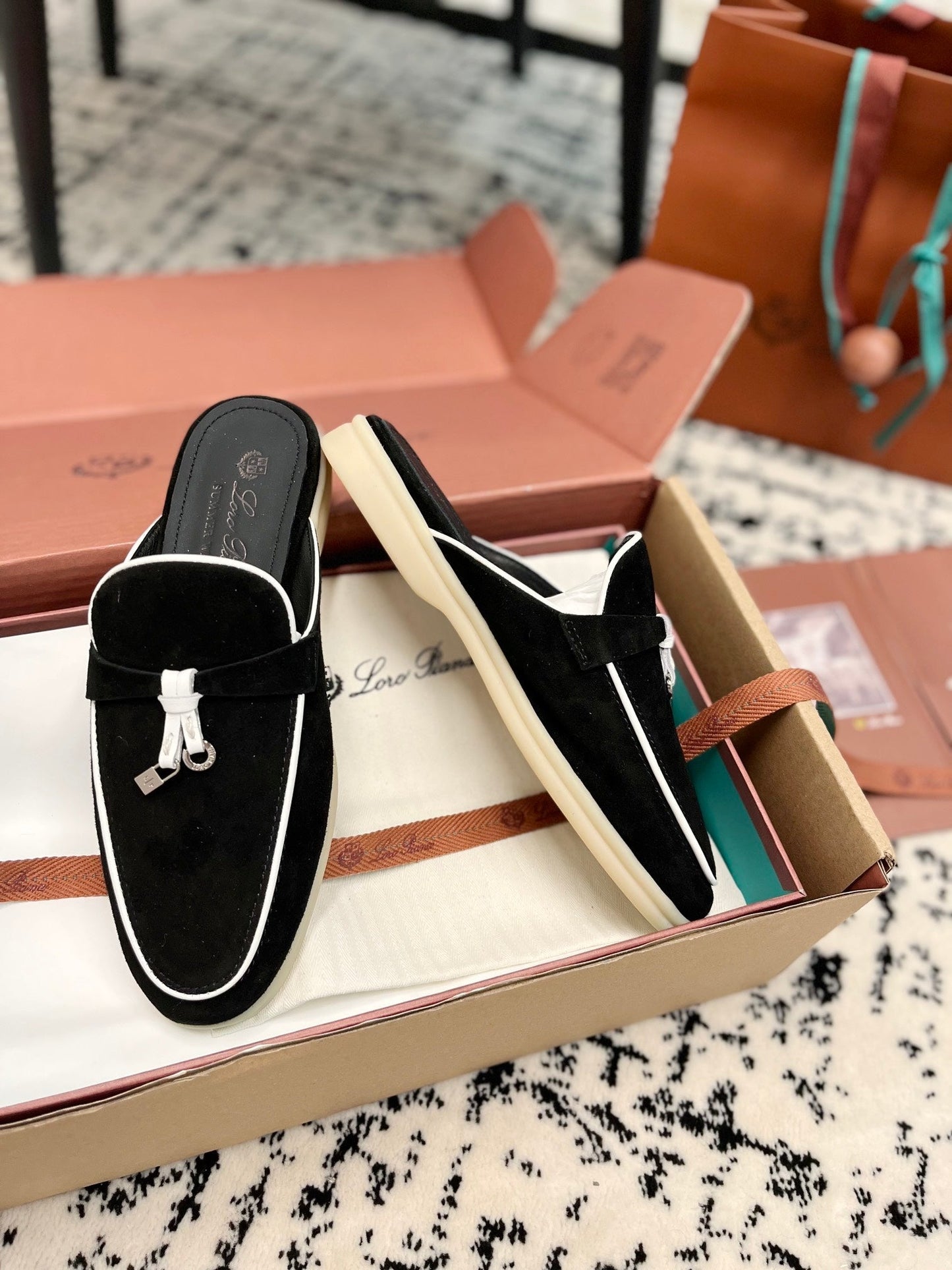 Loro Piana Black White Suede Charms Walk Flat Mules - 35