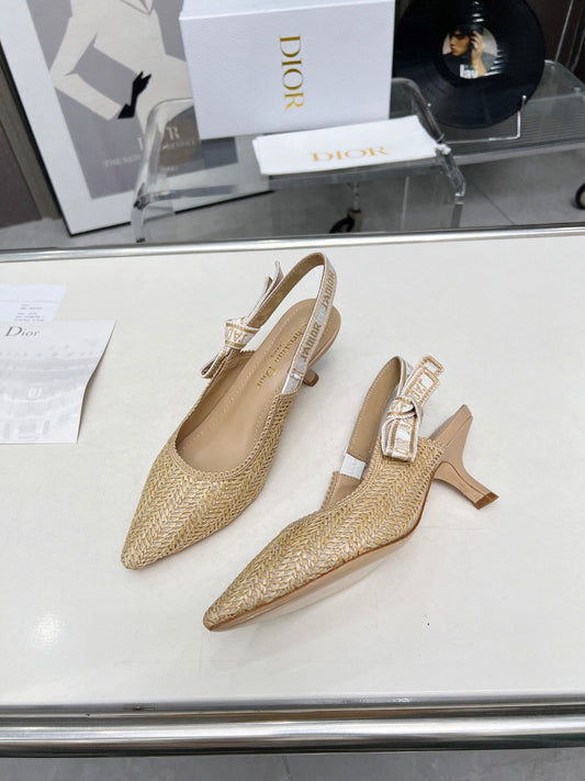 J'ADIOR SLINGBACK PUMP NATURAL RAFFIA AND BEIGE EMBROIDERED COTTON 65 MM - 34
