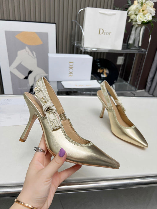 J'ADIOR SLINGBACK PUMP LIGHT GOLD CALFSKIN AND EMBROIDERED FABRIC 10 CM - 34