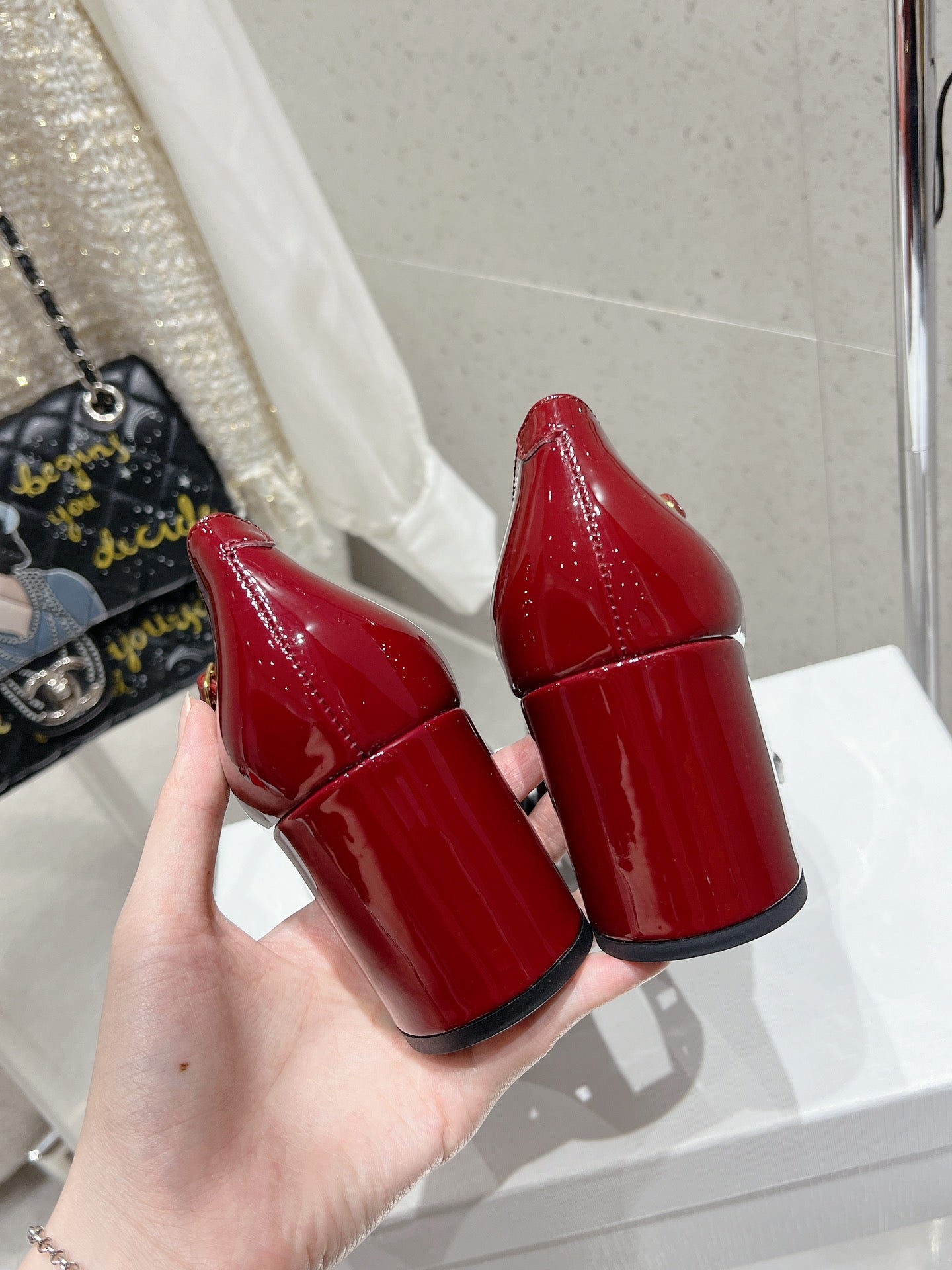 HIGH MARY JANE SHOES IN GARNET RED PATENT CALFSKIN - 35