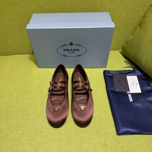 БАЛЕТКИ PRADA 25S MARY JANE З ТЕМНО-БОРДОВОГО КОРИЧНЕВОГО АТЛАСУ - 35