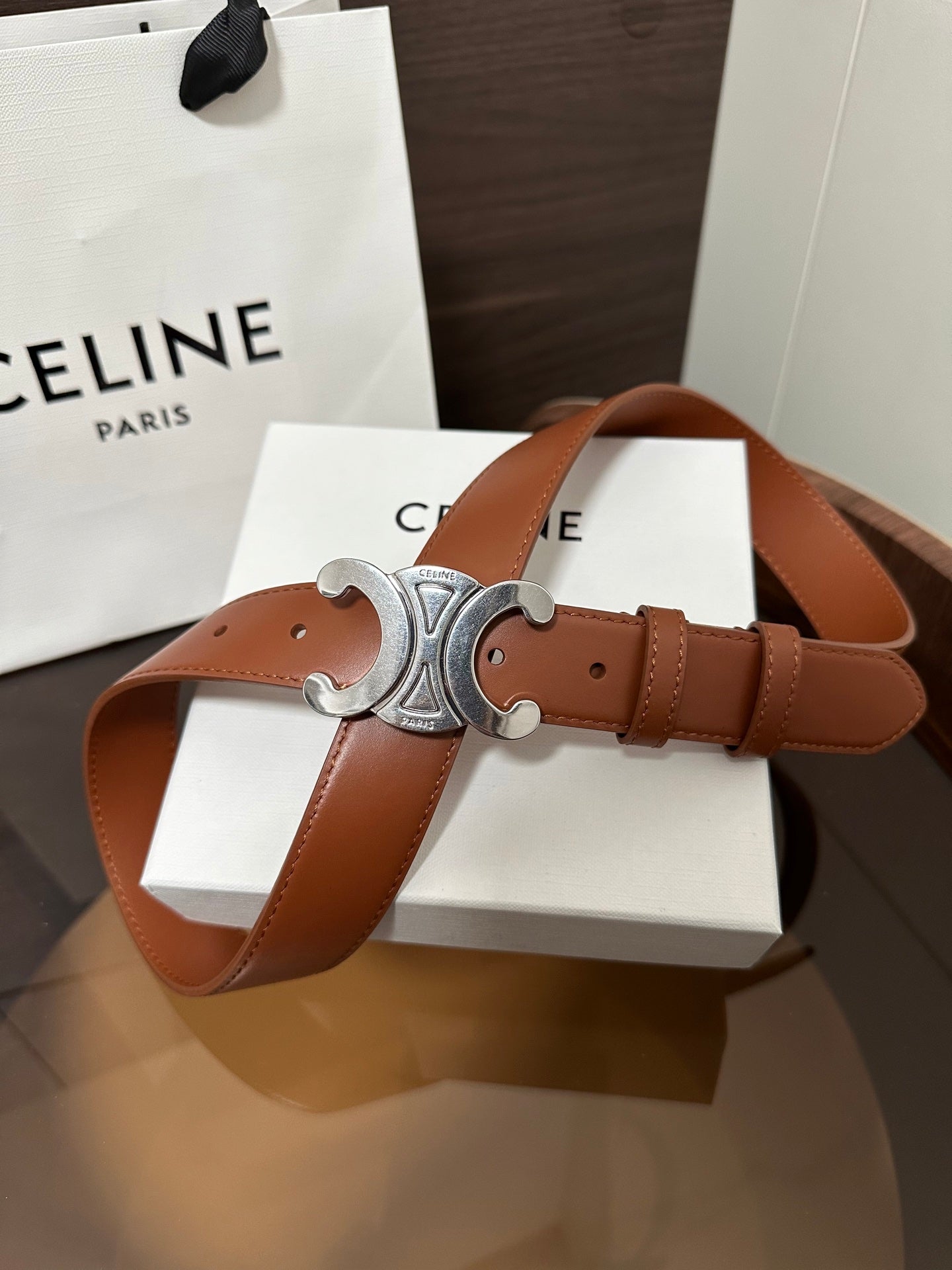 TRIOMPHE BELT 30MM IN BROWN CALFSKIN WITH SILVER BUCKLE - 30