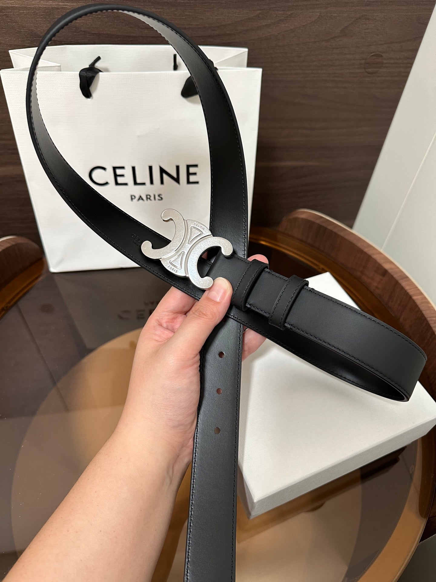 TRIOMPHE BELT 30MM IN BLACK CALFSKIN WITH SILVER BUCKLE - 30