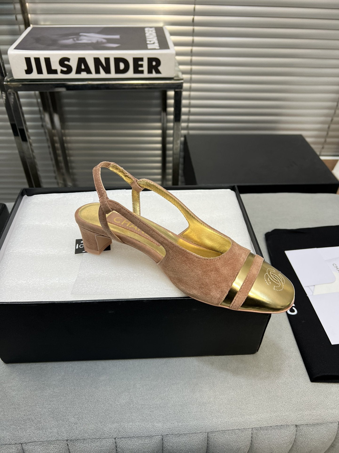 slingback rose suede gold metalic lambskin square toe 5.0 - 35