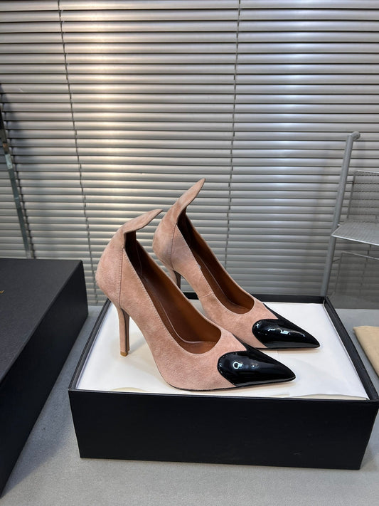 ALAIA HIGH PUMPS 10CM IN ALMOND BEIGE SUEDE MIX BLACK CALFSKIN - 35